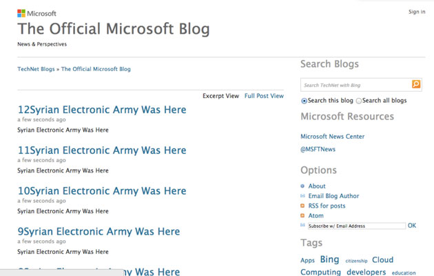 وبلاگ رسمی مایکروسافت توسط ارتش الکترونیکی سوریه هک شد