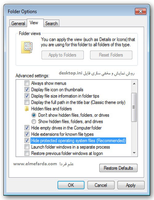 نمایش و مخفی کردن فایل های desktop.ini