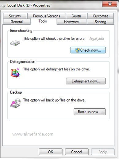 سربرگ Tools در پنجره Properties مربوط به یک پارتیشن