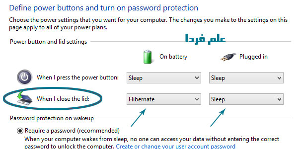 تنظیمات Power Options برای درب لپ تاپ