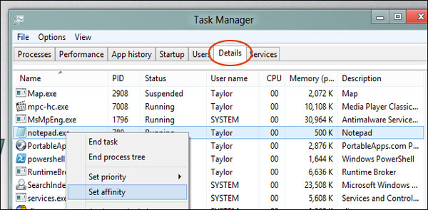 گزینه set affinity در ویندوز 8