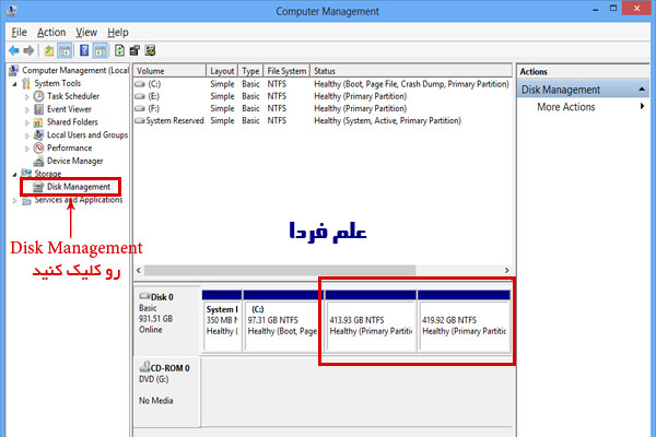 پنجره مدیریت هارد دیسک یا disk manager - پاک شدن پارتیشن