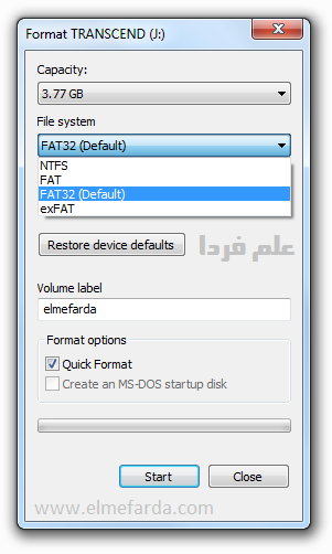 فرمت فلش مموری در ویندوز - انتخاب فایل سیستم