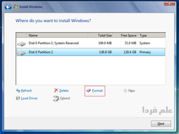 نصب ویندوز ۷ - مرحله 6 - انتخاب پارتیشن ویندوز