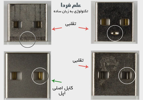 مقایسه نمای روی کانکتور usb کابل اصلی اپل