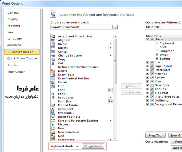 گزینه سفارشی کردن کیبورد در word