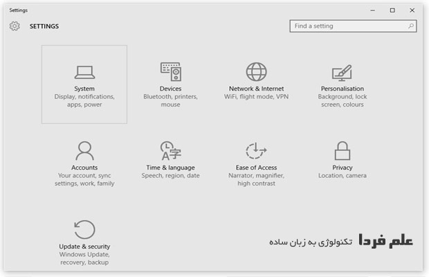 پنل تنظیمات ویندوز 10 