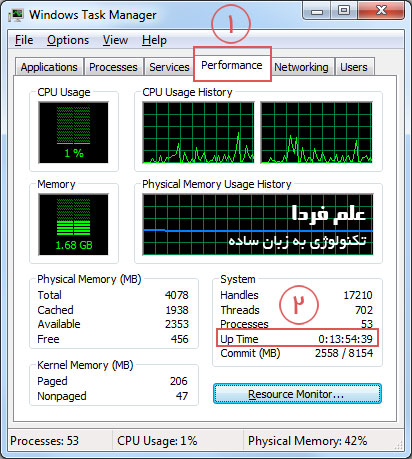 مدت زمان روشن بودن سیستم در برنامه Task manager