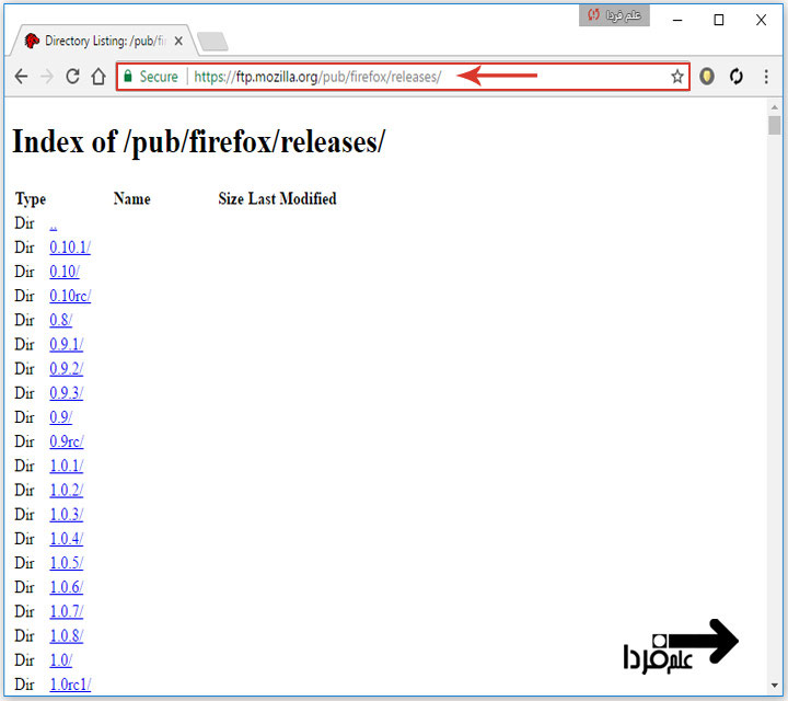 مسیر اصلی برای دانلود فایرفاکس از طریق FTP
