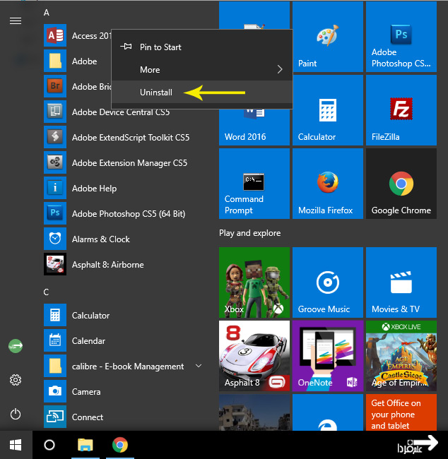 حذف برنامه ها در ویندوز 10 از طریق منیوی Start