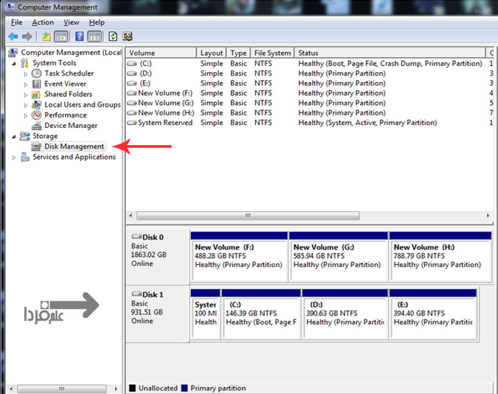 گزینه Disk Management برای نصب دو هارد در یک کامپیوتر